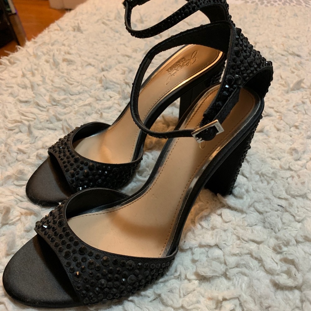 Badgley Mischka Jewel black crystal satin ankle strap block heels formal NWOT - Picture 3 of 8